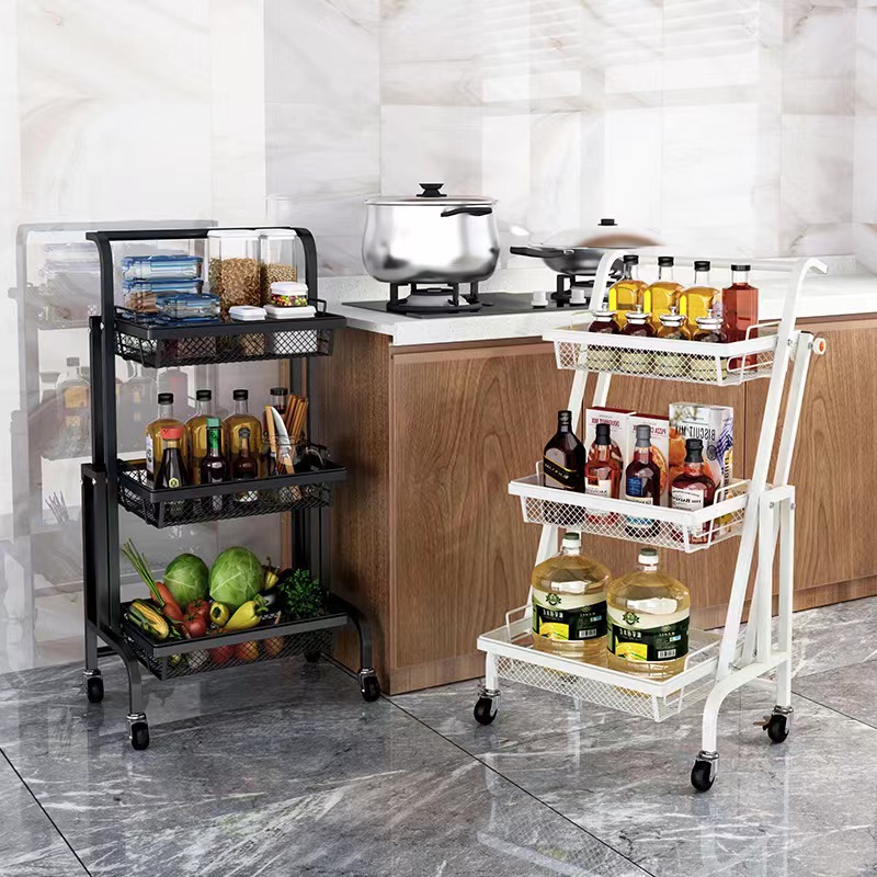 Stainless Steel Kitchen Storage Mesh Hand Push Cart 3-Tier Rolling Folding Trolley Rack Easy to Clean