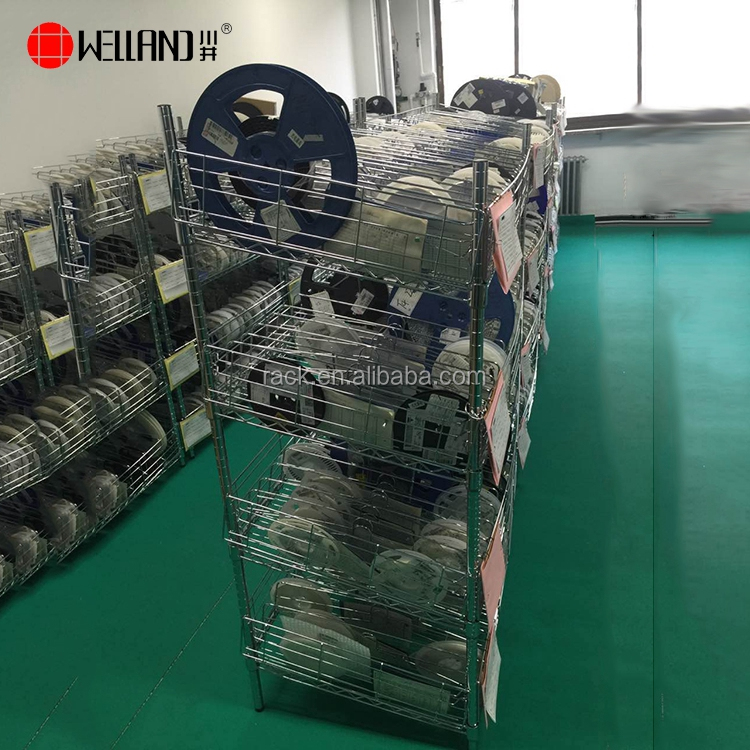 Customized Anti-Static 4 Tiers Chrome Wire Shelves Industrial Warehouse Storage Shelving Steel Rack with Shelf Ledge