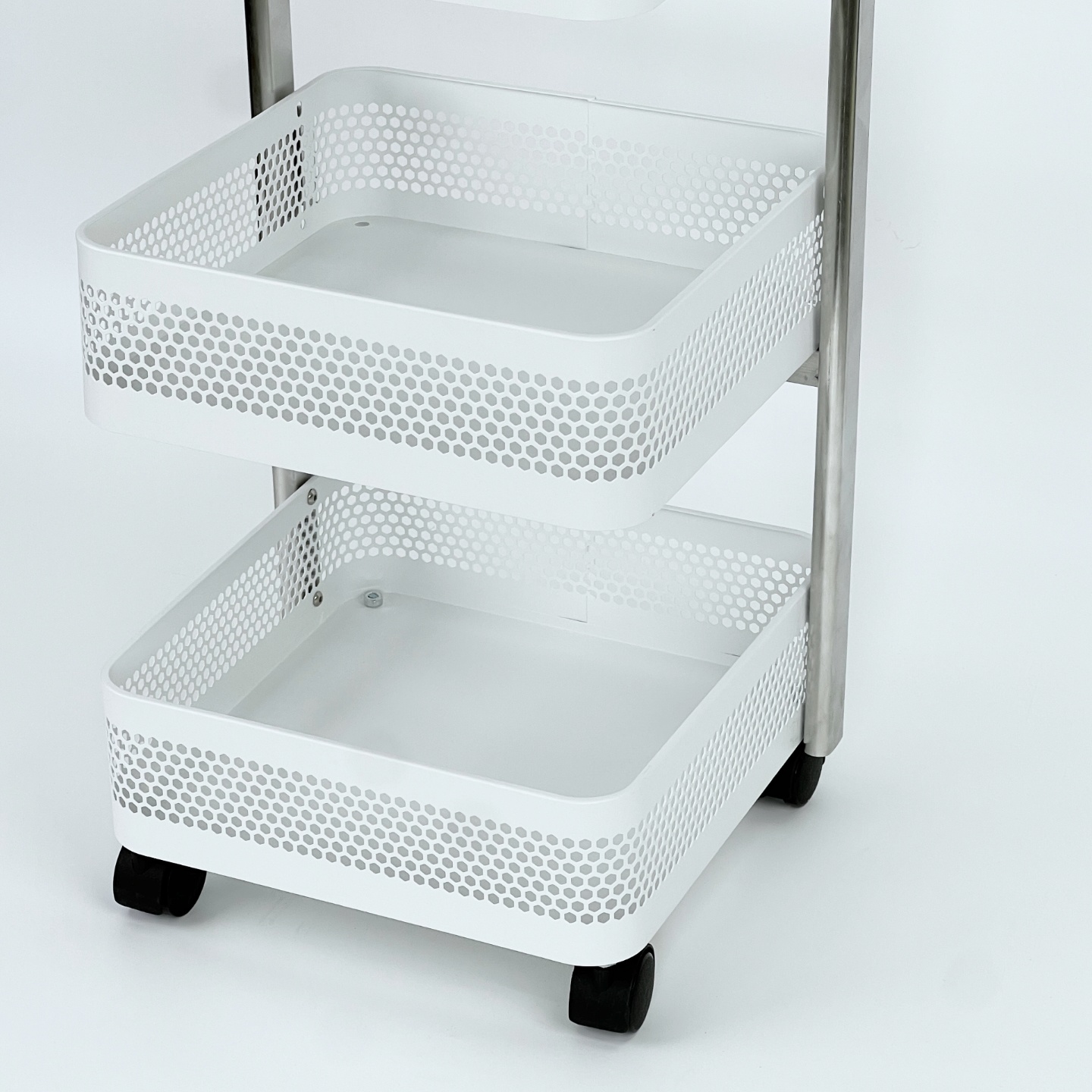 Rolling Three-Tier Stainless Steel Kitchen Storage Rack with Adjustable Height Brake Mobile Floor Cart Standing Type Non-Folding