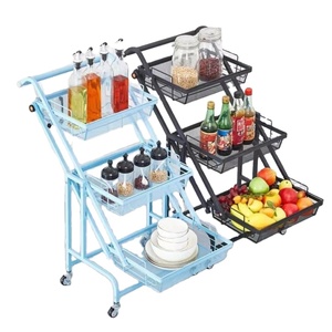 Stainless Steel Kitchen Storage Mesh Hand Push Cart 3-Tier Rolling Folding Trolley Rack Easy to Clean