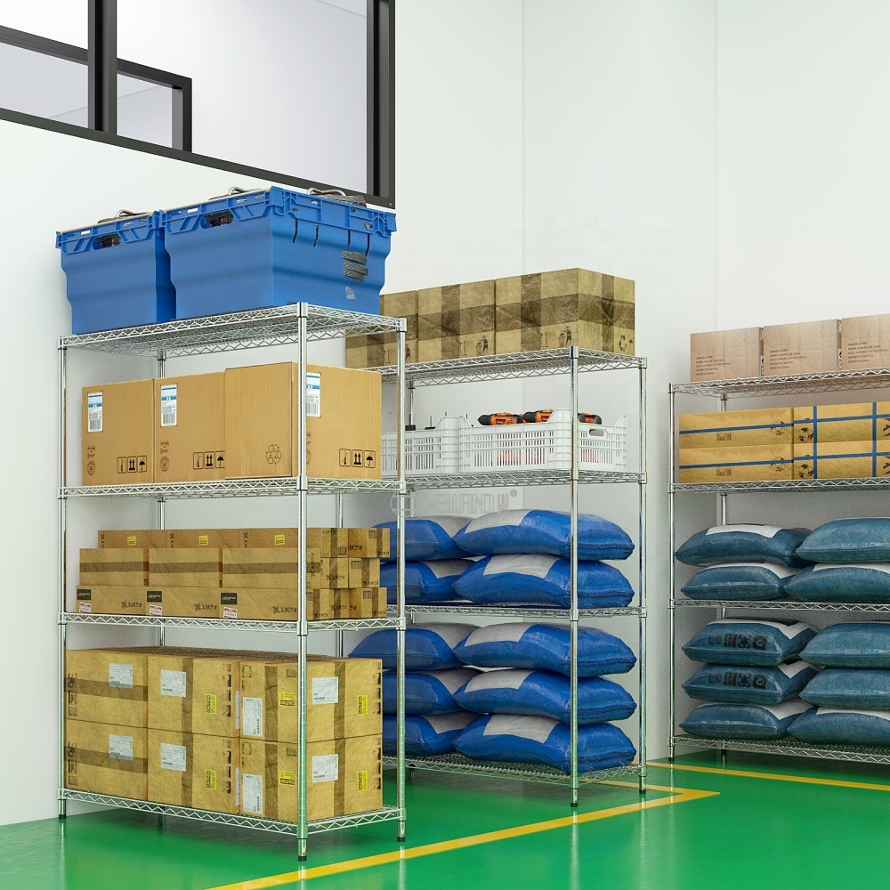 Modular Adjustable Warehouse Storage Unit 4 Tiers Chrome Steel Industrial Heavy Duty Wire Shelf Racking System