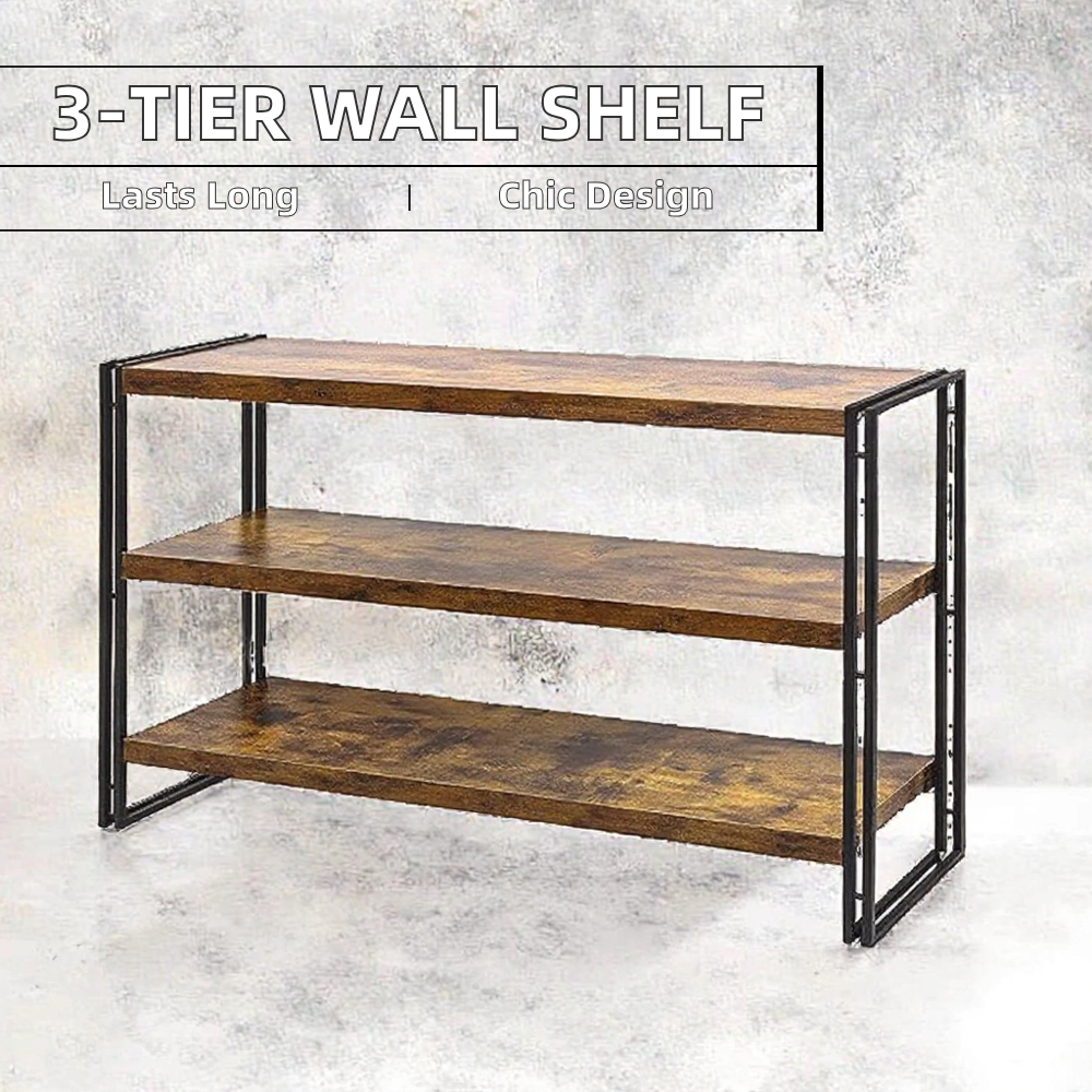 3-Tier Modern Industrial Style Wall Shelf Simple and Easy to Assemble Wood and Metal Bookshelf for Space-Conscious Storage