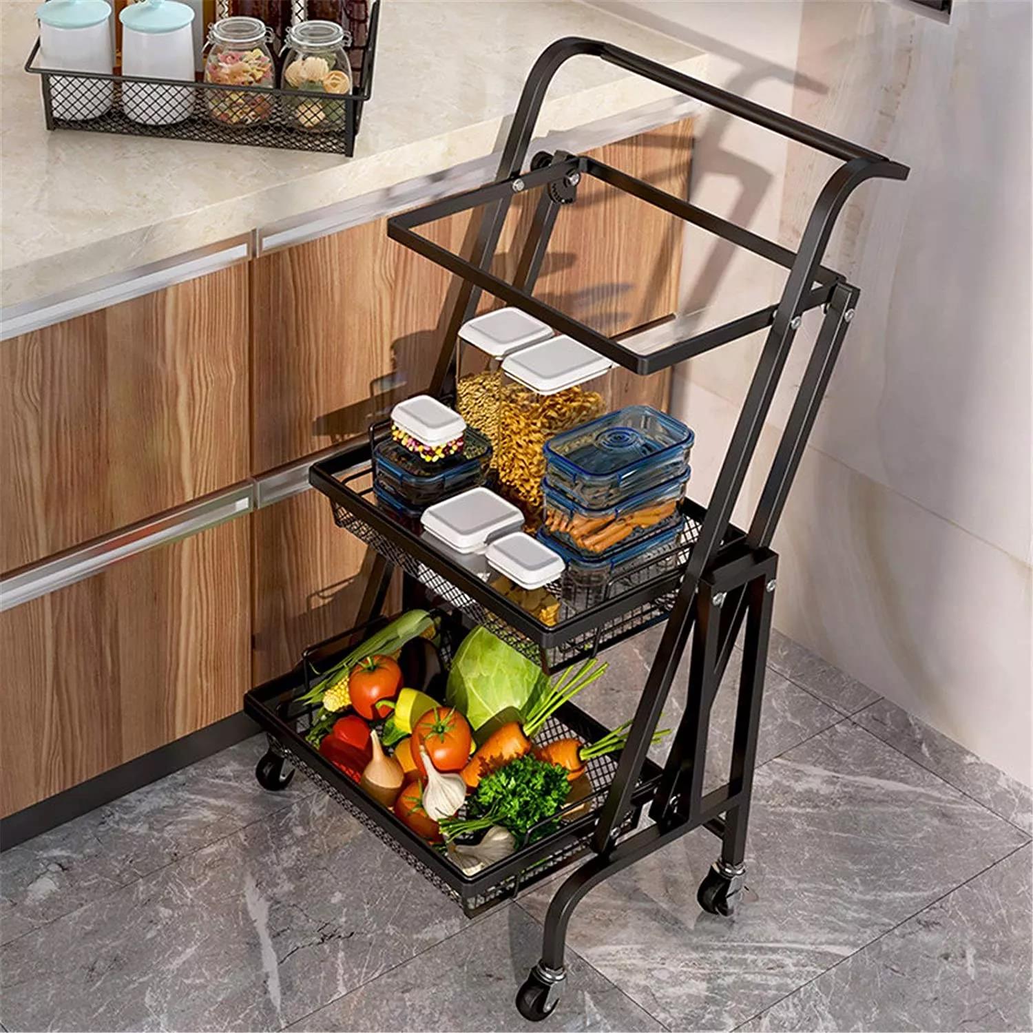 Stainless Steel Kitchen Storage Mesh Hand Push Cart 3-Tier Rolling Folding Trolley Rack Easy to Clean