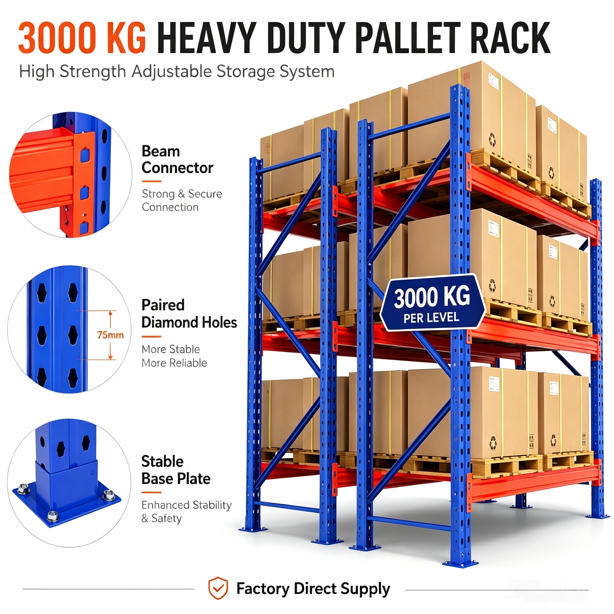 Factory Direct 3000kg High Load Metal Pallet Racking Industrial Steel Pallet Rack System for Warehouse Storage Heavy Goods