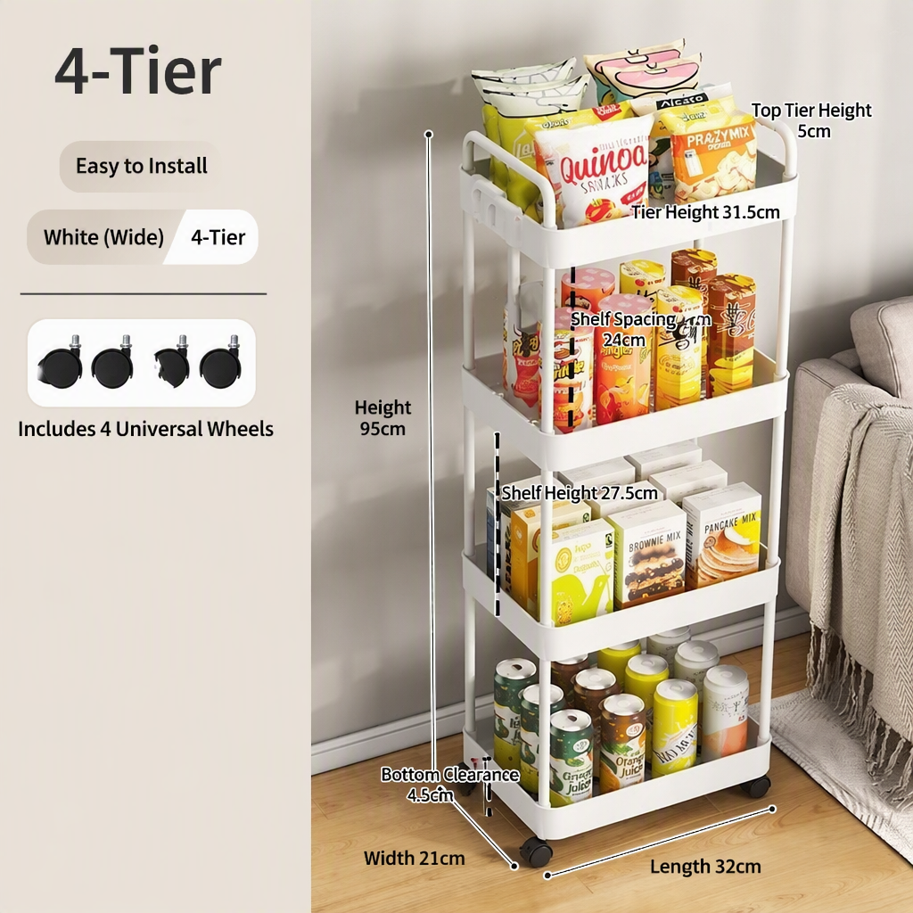 4 Wheel Rolling Storage Rack Multi Tier Shelf Kitchen Organizer Utility Cart for Home Bathroom Organizer Rack Space Saving Cart