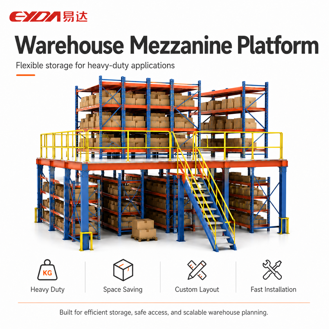 EYDA Galvanized Heavy Duty Industrial Mezzanine Storage Platform Rack 1000kg/sqm Load Capacity Powder Coated Corrosion
