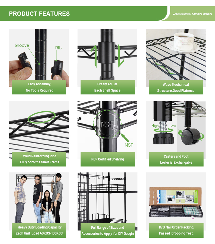 Versatile Storage 6 Tier Rolling Heavy Duty Black Powder Coated Carbon Steel Wire Shelving with 3" Wheels
