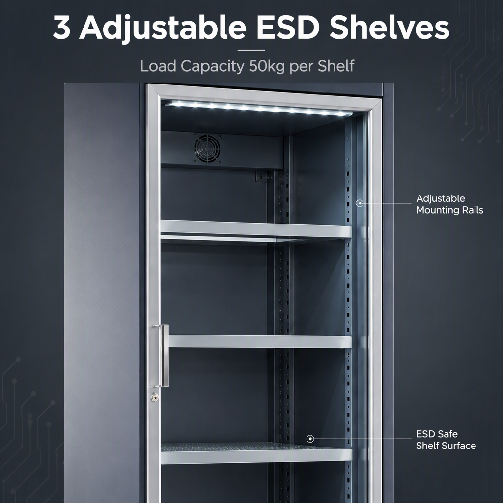 Single Door Nitrogen Cabinet Ultra Dry Storage Cabinet 1-10%RH LCD Display Adjustable Shelves for SMT Workshop