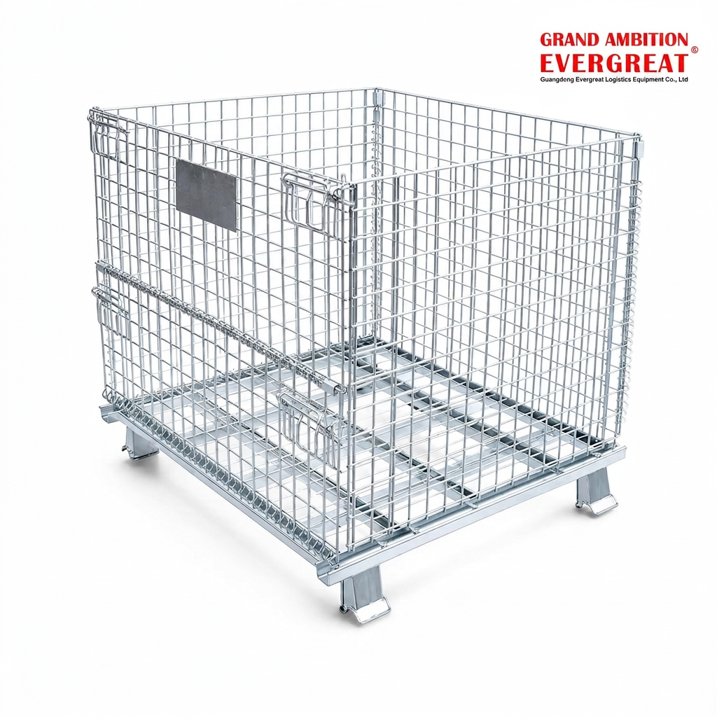 Foldable Steel Storage Cage Galvanized Wire Mesh Container Heavy Load Bearing Forklift Compatible Warehouse Rack Model 40