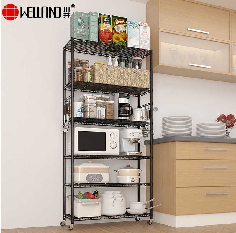 Versatile Storage 6 Tier Rolling Heavy Duty Black Powder Coated Carbon Steel Wire Shelving with 3" Wheels