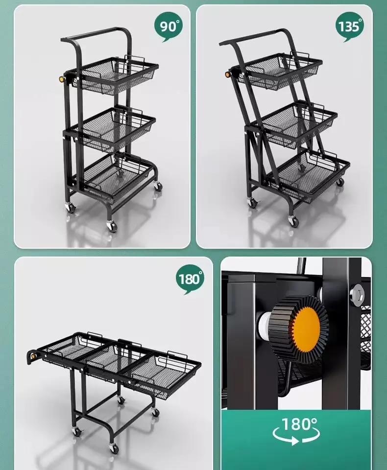 Stainless Steel Kitchen Storage Mesh Hand Push Cart 3-Tier Rolling Folding Trolley Rack Easy to Clean