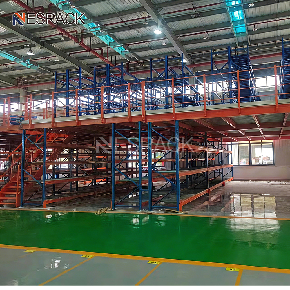 Anti Rust Heavy Duty Iron Mezzanine Floor Rack With Custom Size Auxiliary Storage Shelves For Factory Inventory