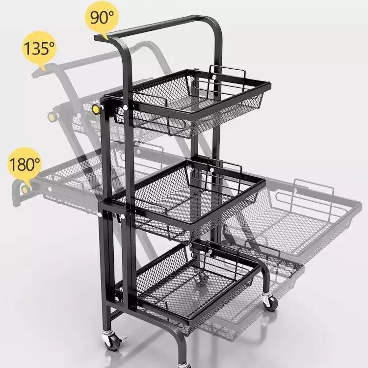Stainless Steel Kitchen Storage Mesh Hand Push Cart 3-Tier Rolling Folding Trolley Rack Easy to Clean
