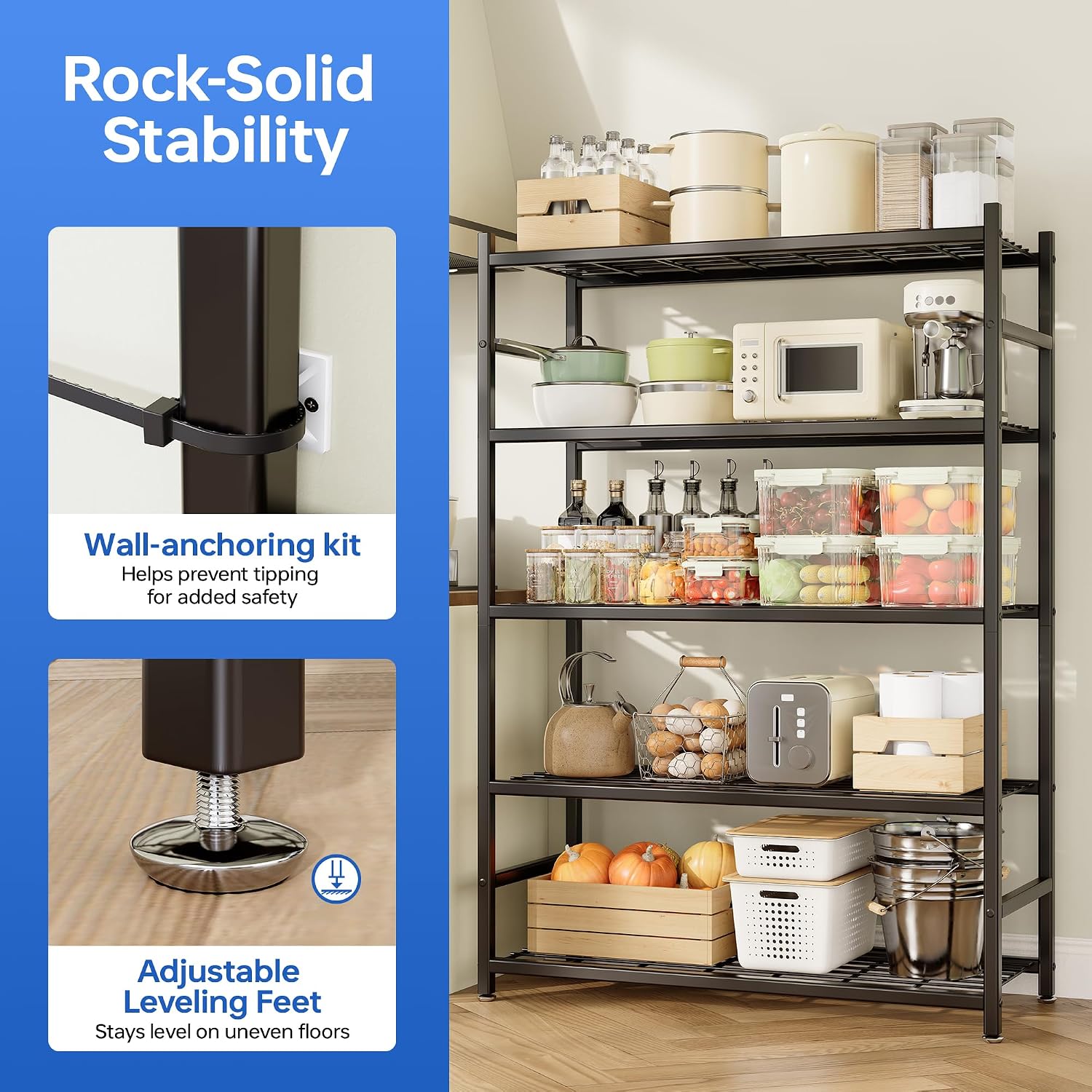 5-Tier Industrial Metal Shelving Unit with Leveling Feet-Heavy Duty Powder Coated Storage Shelves for Garage Kitchen More Black