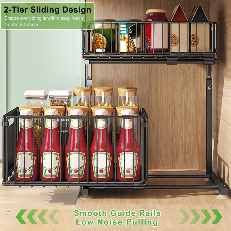 2 PACK 2 Tier L Shape Under Sink Height Adjustable Kitchen Organiser Drawer Separately Slide Storage Shelf Spice Organizer Rack