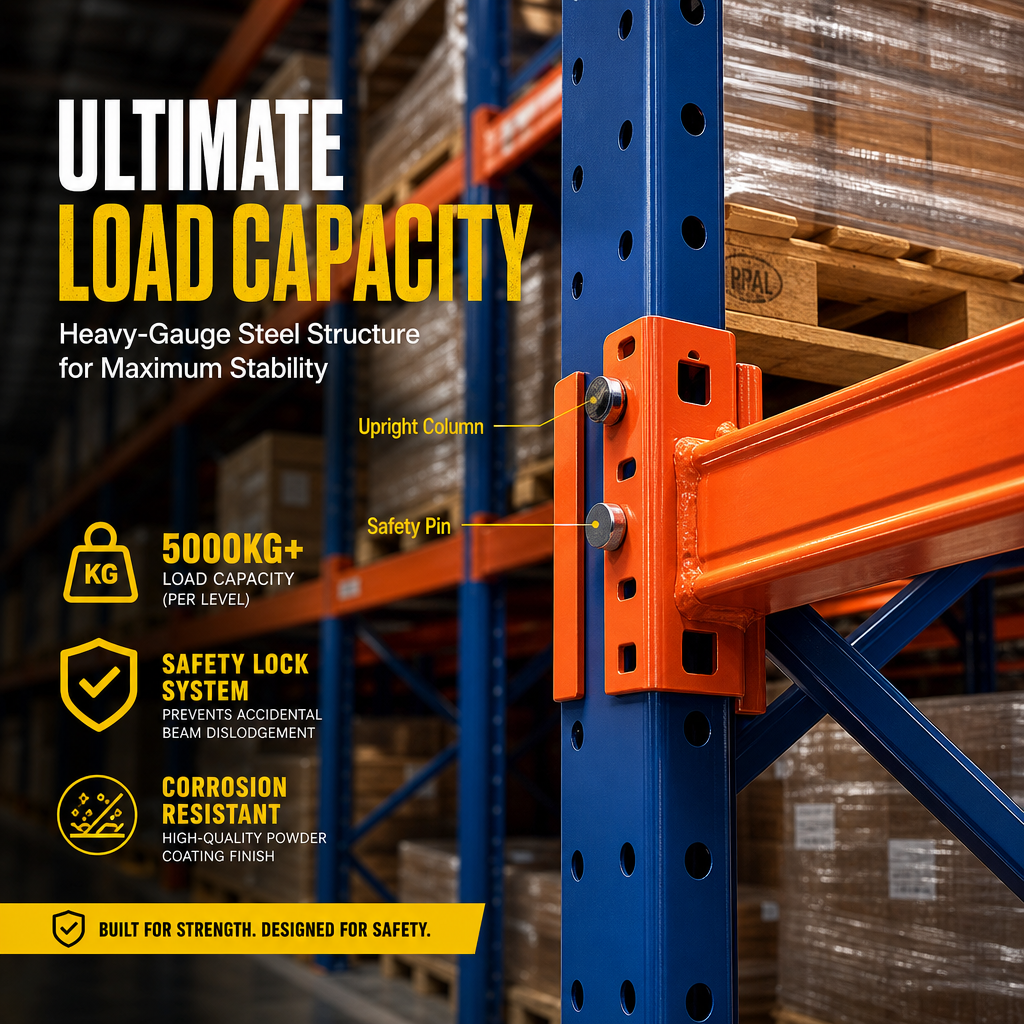 Heavy Multi-Level Steel Storage Rack Blue Vertical Orange Beam Can Be Matched with Cross Beam Pallet Display Products