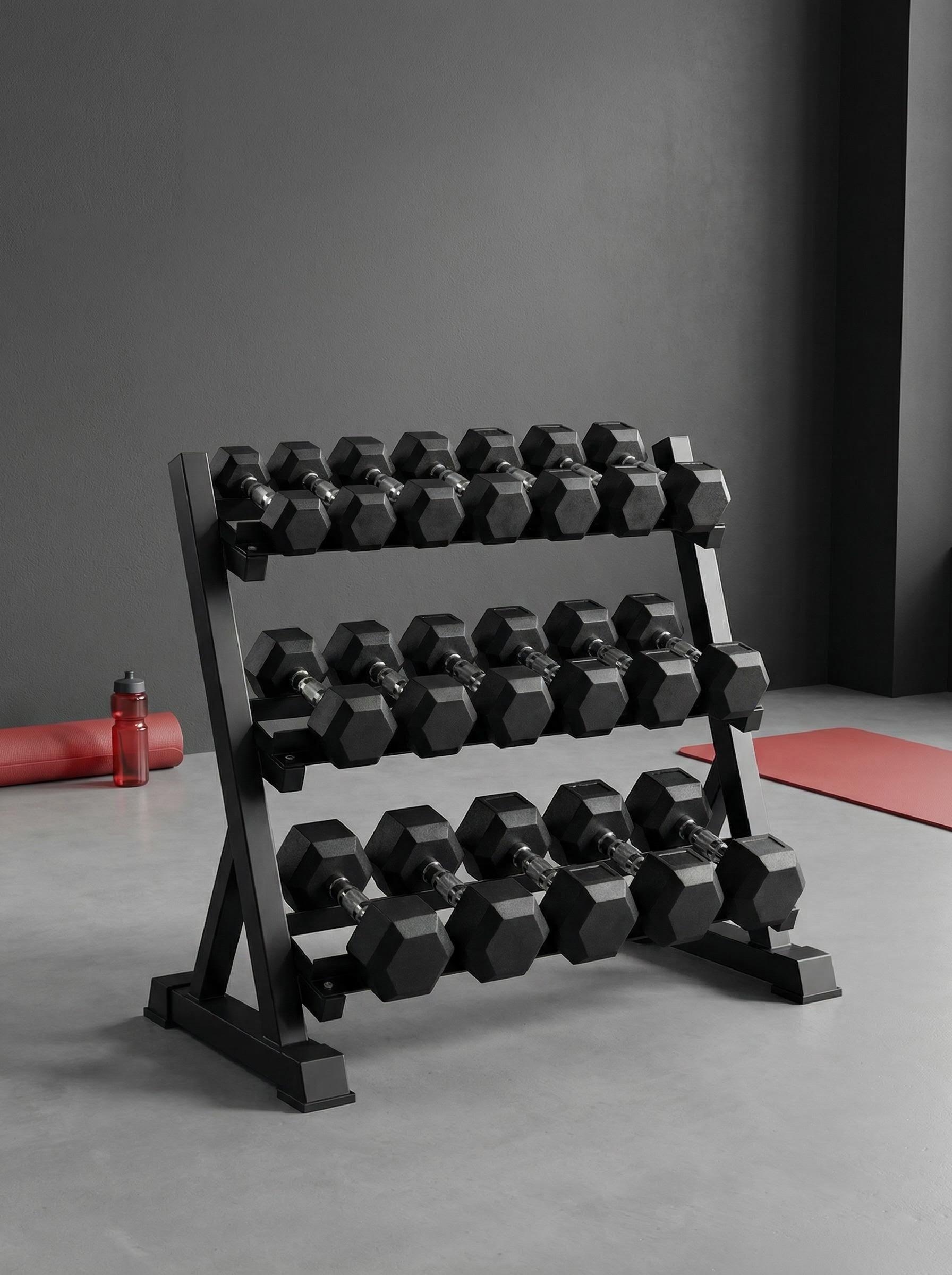 Factory Direct 3 Tier Metal Dumbbell Rack Modern Storage Stand Heavy Duty A3 Steel For Gym Dumbbell Kettlebell Storage
