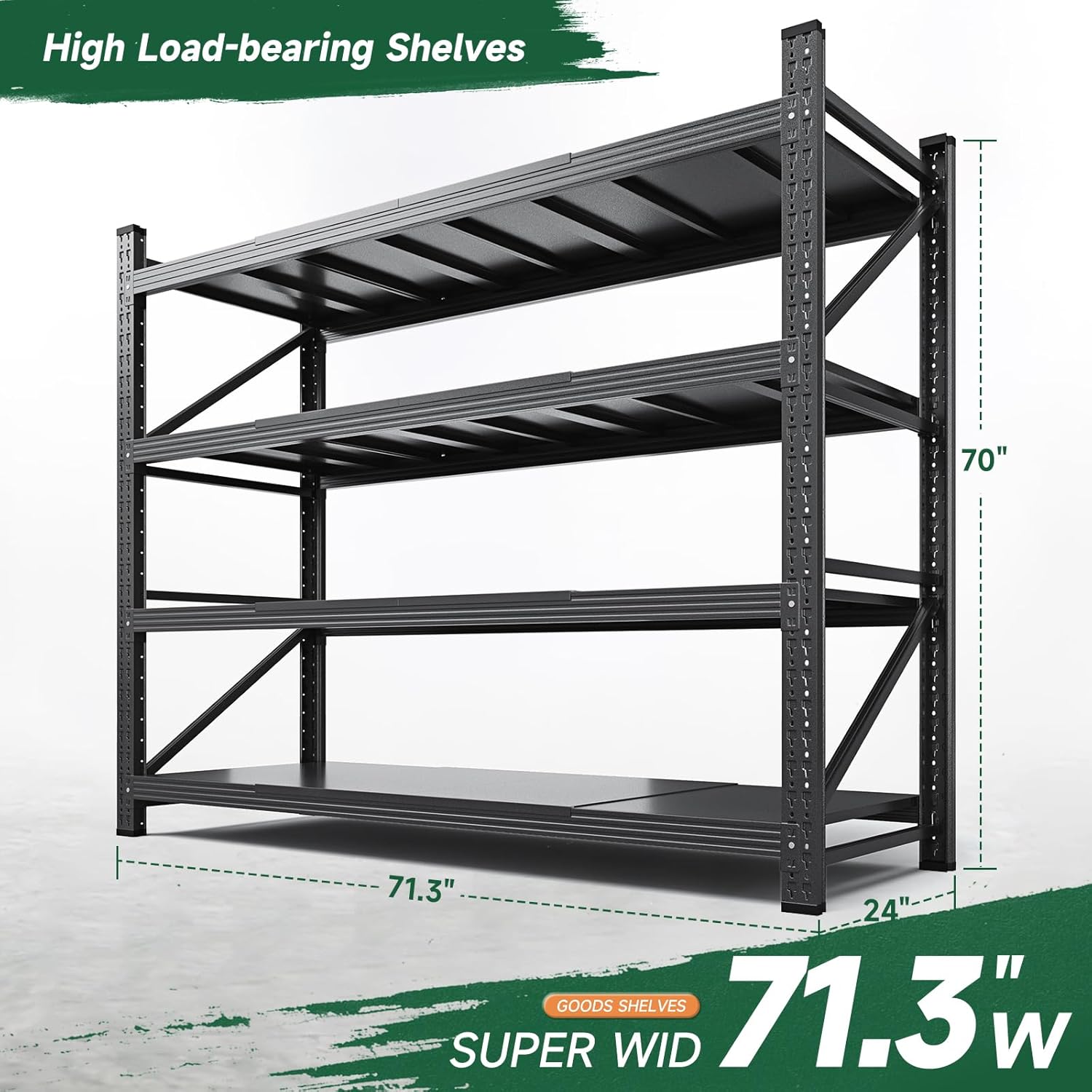 71.3" W Metal Storage Shelves,5000LBS Heavy Duty Garage Shelving Units, 4 Tier Adjustable Utility Rack Shelf,Large Industrial