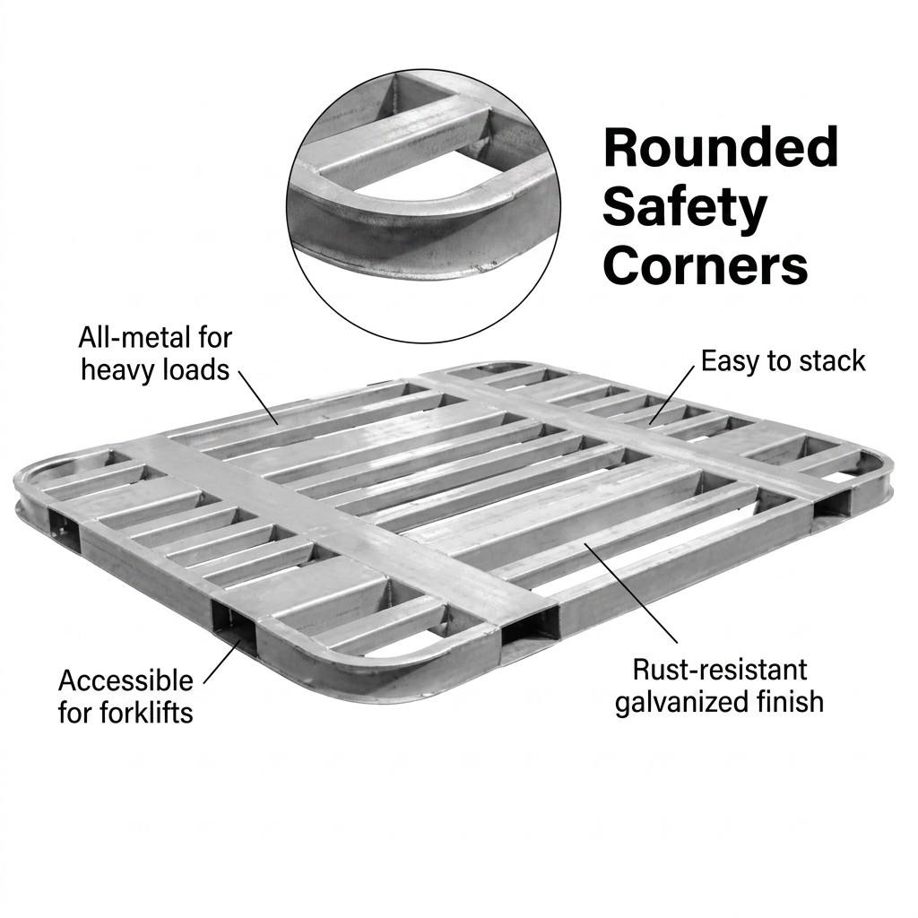 Heavy-Duty Steel Forklift Pallet Industrial Metal Racking Platform Stackable Anti-Rust Rounded Corners Moisture-Proof Storage