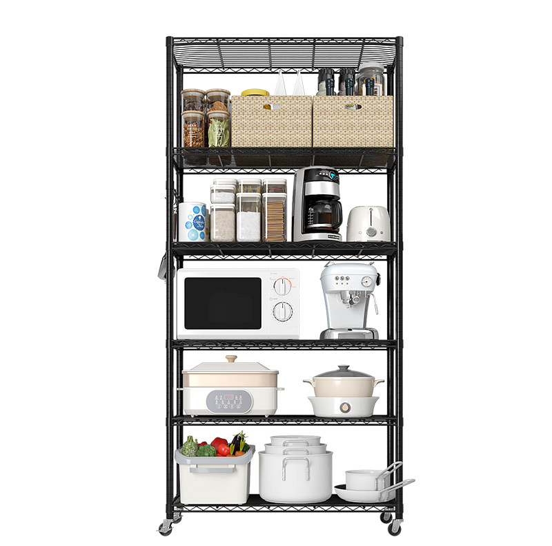 Versatile Storage 6 Tier Rolling Heavy Duty Black Powder Coated Carbon Steel Wire Shelving with 3" Wheels