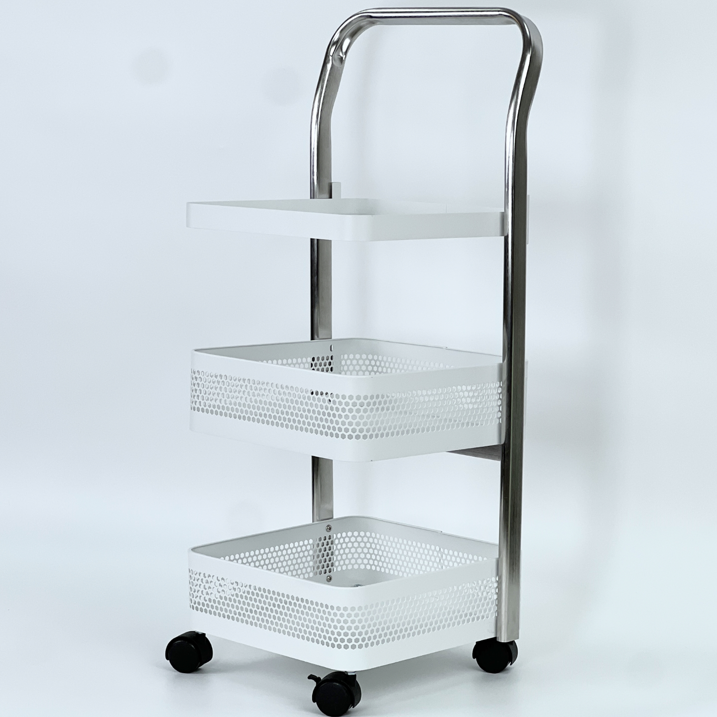 Rolling Three-Tier Stainless Steel Kitchen Storage Rack with Adjustable Height Brake Mobile Floor Cart Standing Type Non-Folding