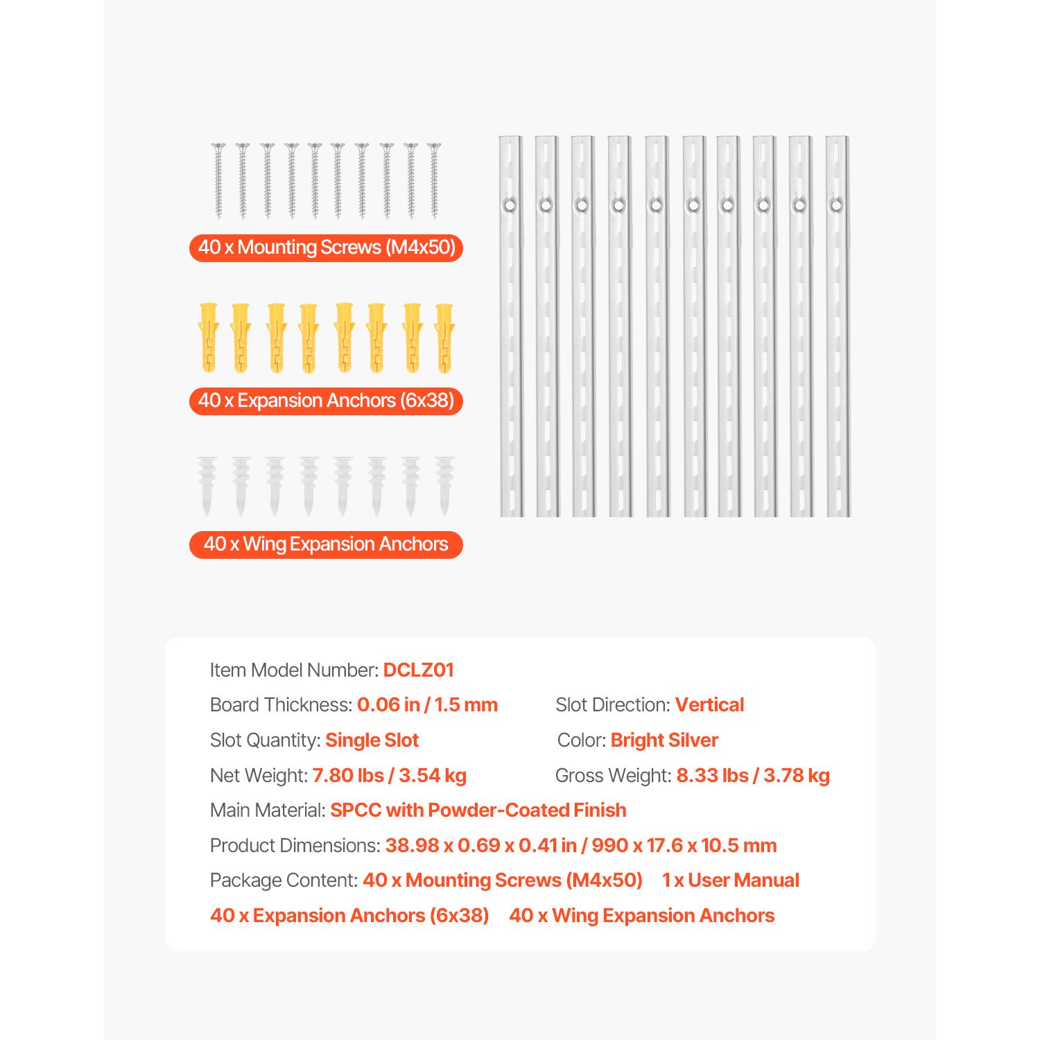 "10 Pack 39 Inch Heavy Duty Upright Wall Shelving System with 40 Screws &amp; Single Slot Shelf Rails"