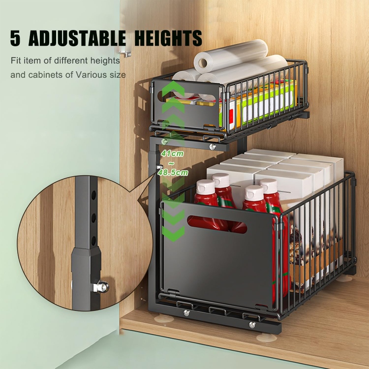 2 PACK 2 Tier L Shape Under Sink Height Adjustable Kitchen Organiser Drawer Separately Slide Storage Shelf Spice Organizer Rack