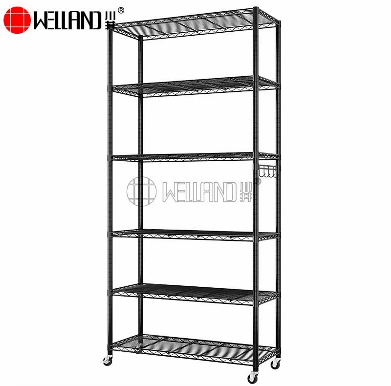 Versatile Storage 6 Tier Rolling Heavy Duty Black Powder Coated Carbon Steel Wire Shelving with 3" Wheels