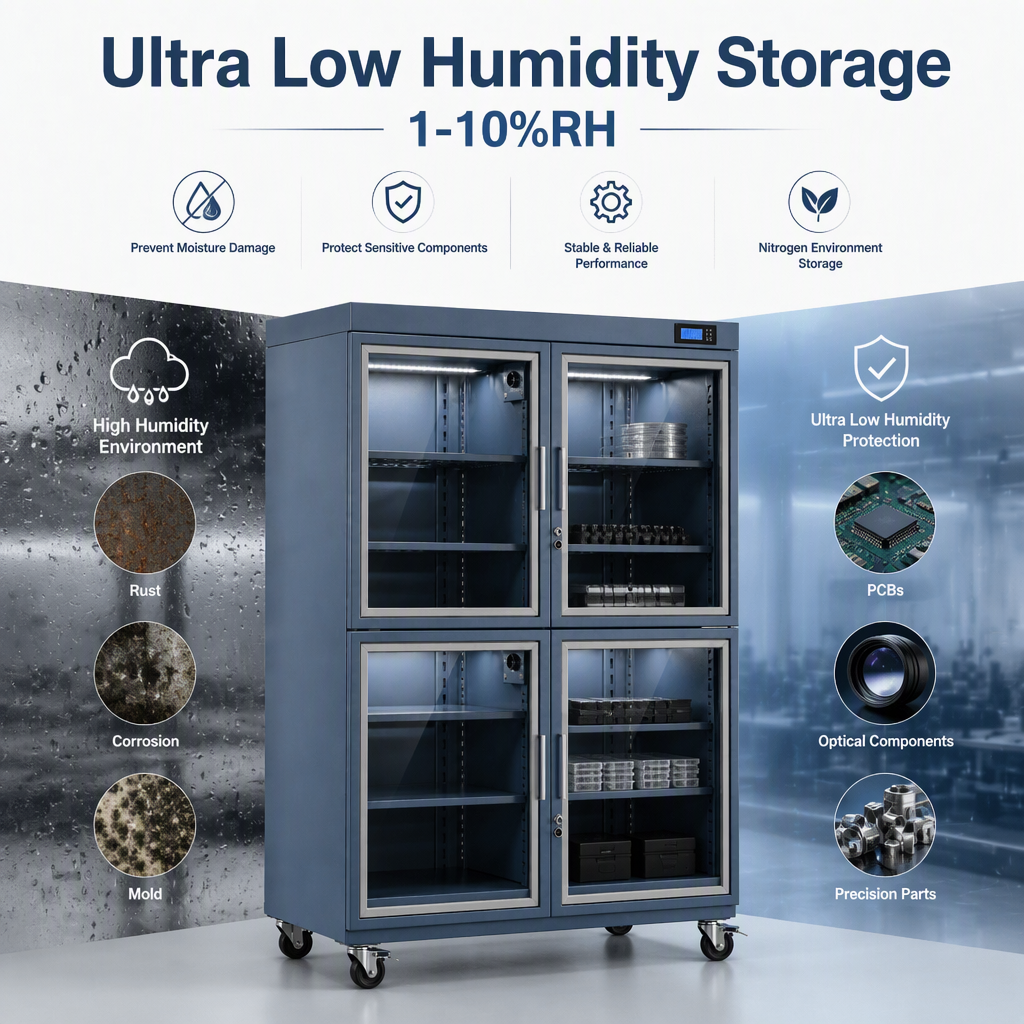4 Door 220V Nitrogen Storage Cabinet Ultra Low Humidity ESD Safe Shelves Digital Control Moisture Sensitive Semiconductor IC PCB