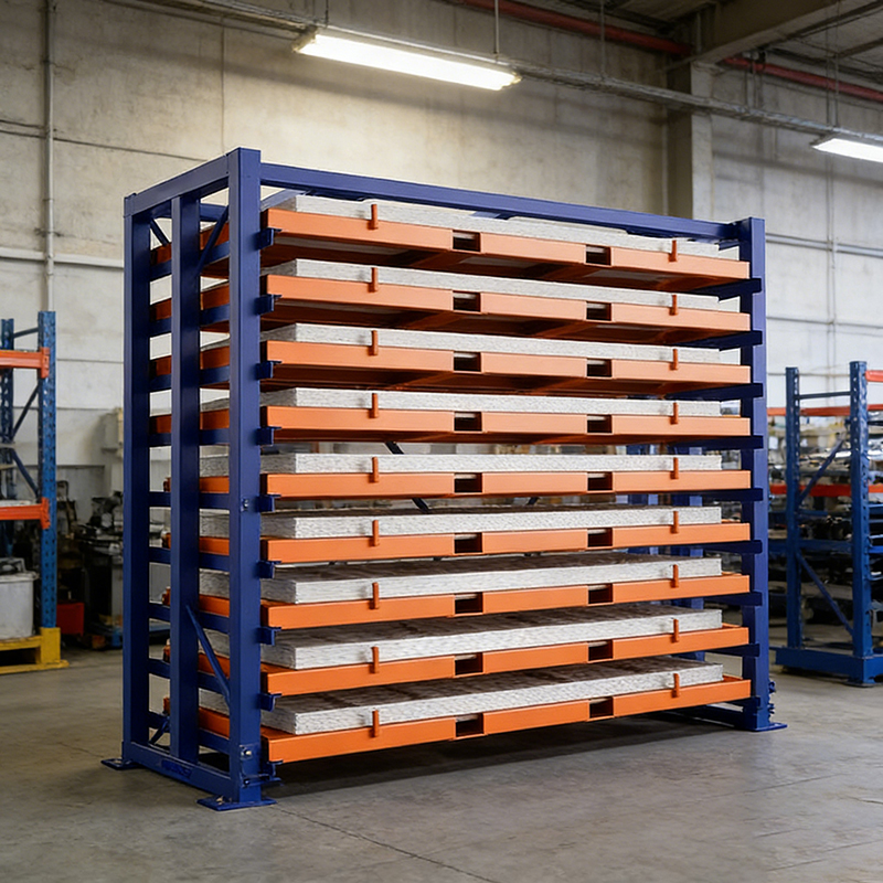 High-Capacity Vertical Sheet Metal Rack | Forklift-Compatible Roll-Out Tray System