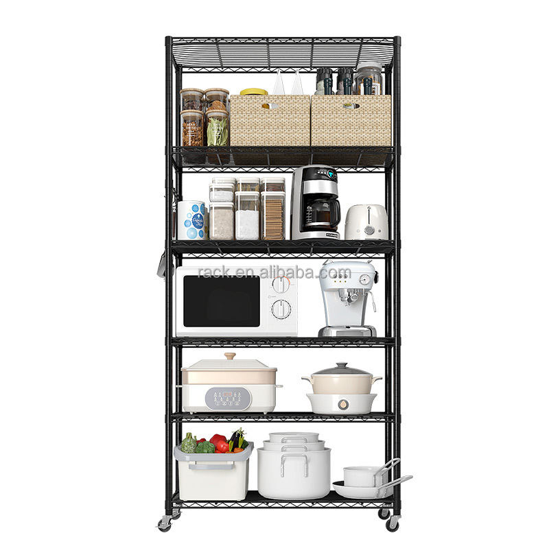 Versatile Storage 6 Tier Rolling Heavy Duty Black Powder Coated Carbon Steel Wire Shelving with 3" Wheels