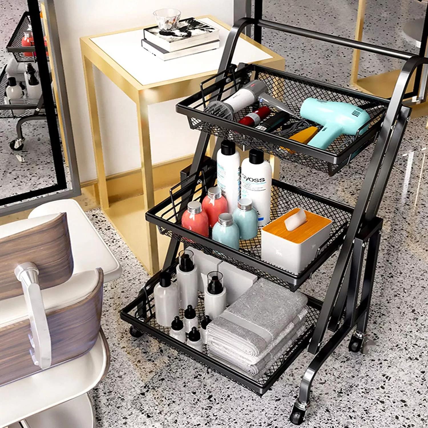 Stainless Steel Kitchen Storage Mesh Hand Push Cart 3-Tier Rolling Folding Trolley Rack Easy to Clean