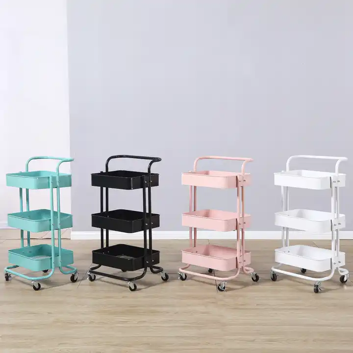 3-Layer Household &amp; Salon Storage Organizer Metal Mobile Rolling Trolley Utility Rack Convenient Mobile Storage