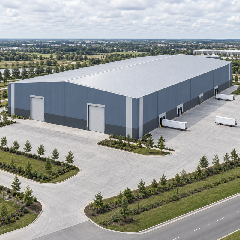 High Bay Racking Fulfillment Steel Warehouse with Wide Cargo Doors and Large Flexible Storage Space Layout