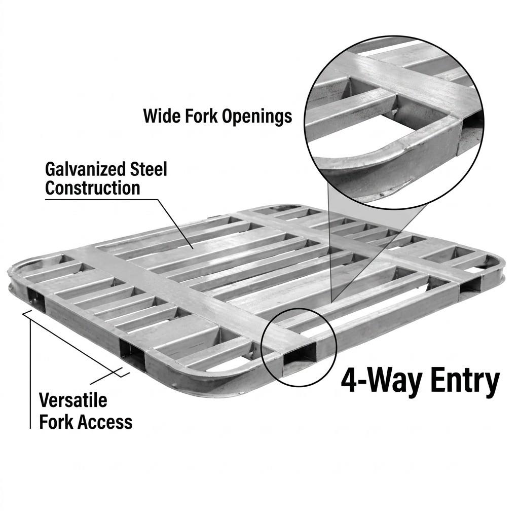 Heavy-Duty Steel Forklift Pallet Industrial Metal Racking Platform Stackable Anti-Rust Rounded Corners Moisture-Proof Storage