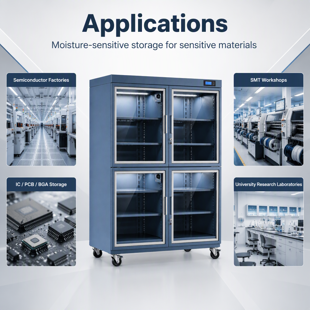 4 Door 220V Nitrogen Storage Cabinet Ultra Low Humidity ESD Safe Shelves Digital Control Moisture Sensitive Semiconductor IC PCB