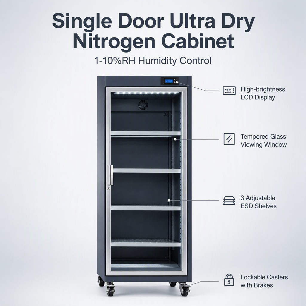 Single Door Nitrogen Cabinet Ultra Dry Storage Cabinet 1-10%RH LCD Display Adjustable Shelves for SMT Workshop