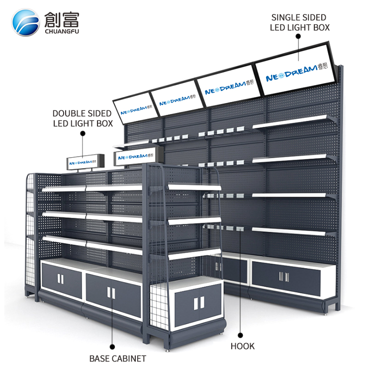 Customizable Heavy Duty Double-Sided LED Metal Display Racks 5-Tier Boltless Rivet Storage Shelves for Supermarket Systems