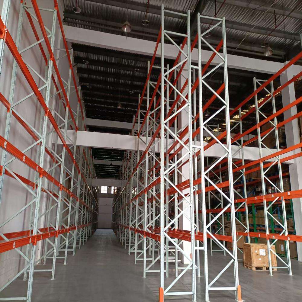 Heavy-Duty Selective Pallet Rack 4-Layer Steel Upright Orange Beam Corrosion Protection Powder Coated Tall Storage Racks for
