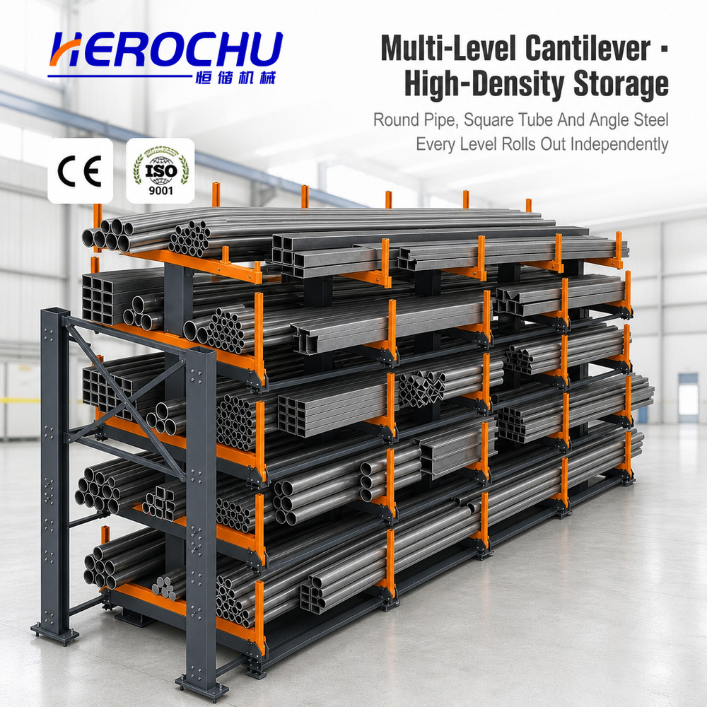 Hand Crank Telescopic Cantilever Rack | Single Side 4 Levels 1000 kg Per Arm | Q235B Steel | Steel Pipe Bar Sheet Metal Storage