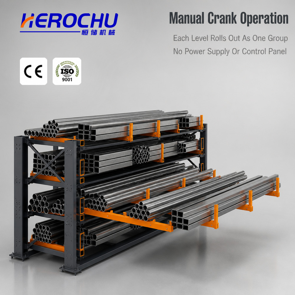 Hand Crank Telescopic Cantilever Rack | Single Side 4 Levels 1000 kg Per Arm | Q235B Steel | Steel Pipe Bar Sheet Metal Storage
