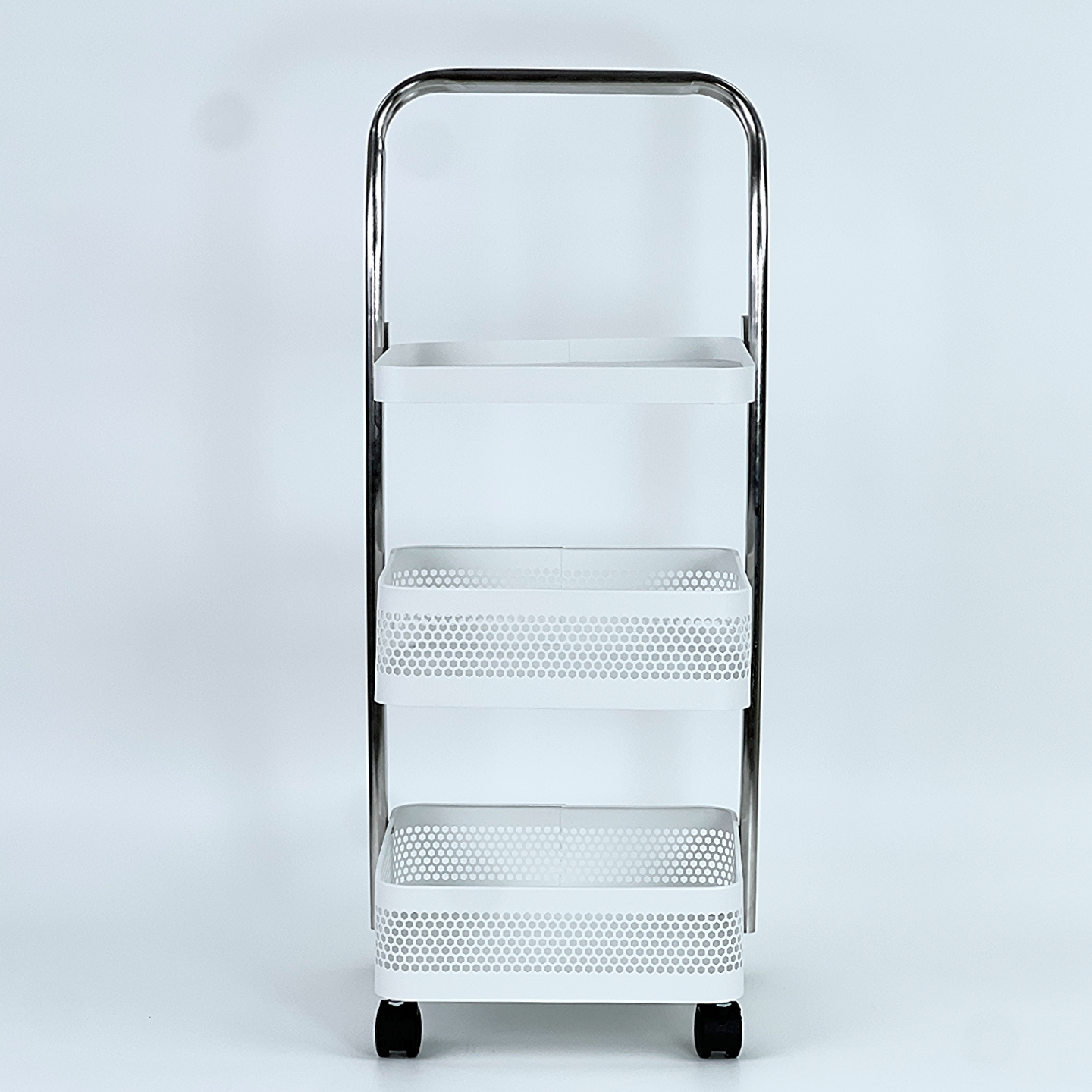 Rolling Three-Tier Stainless Steel Kitchen Storage Rack with Adjustable Height Brake Mobile Floor Cart Standing Type Non-Folding