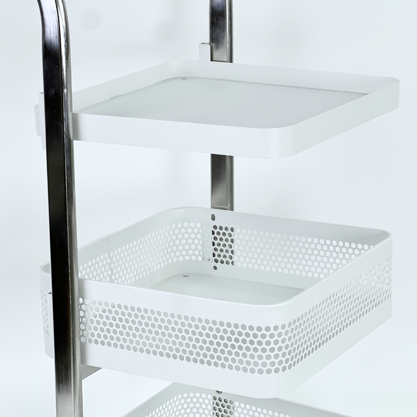 Rolling Three-Tier Stainless Steel Kitchen Storage Rack with Adjustable Height Brake Mobile Floor Cart Standing Type Non-Folding