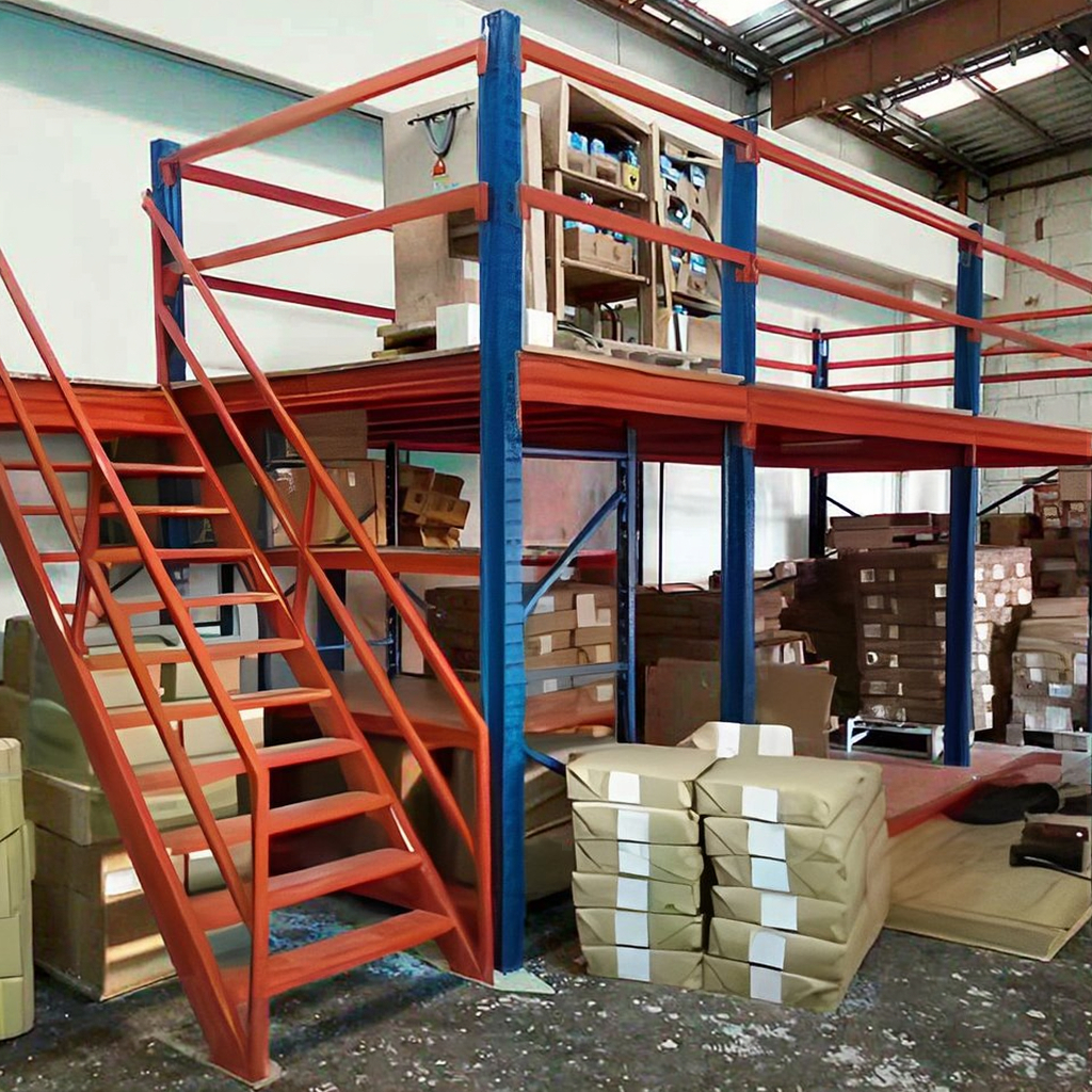 Two-Storey Indoor Steel Platform Racking Multi-Shelving Units Ladder Stairs for Pallet Storage Cargo Storage Equipment for