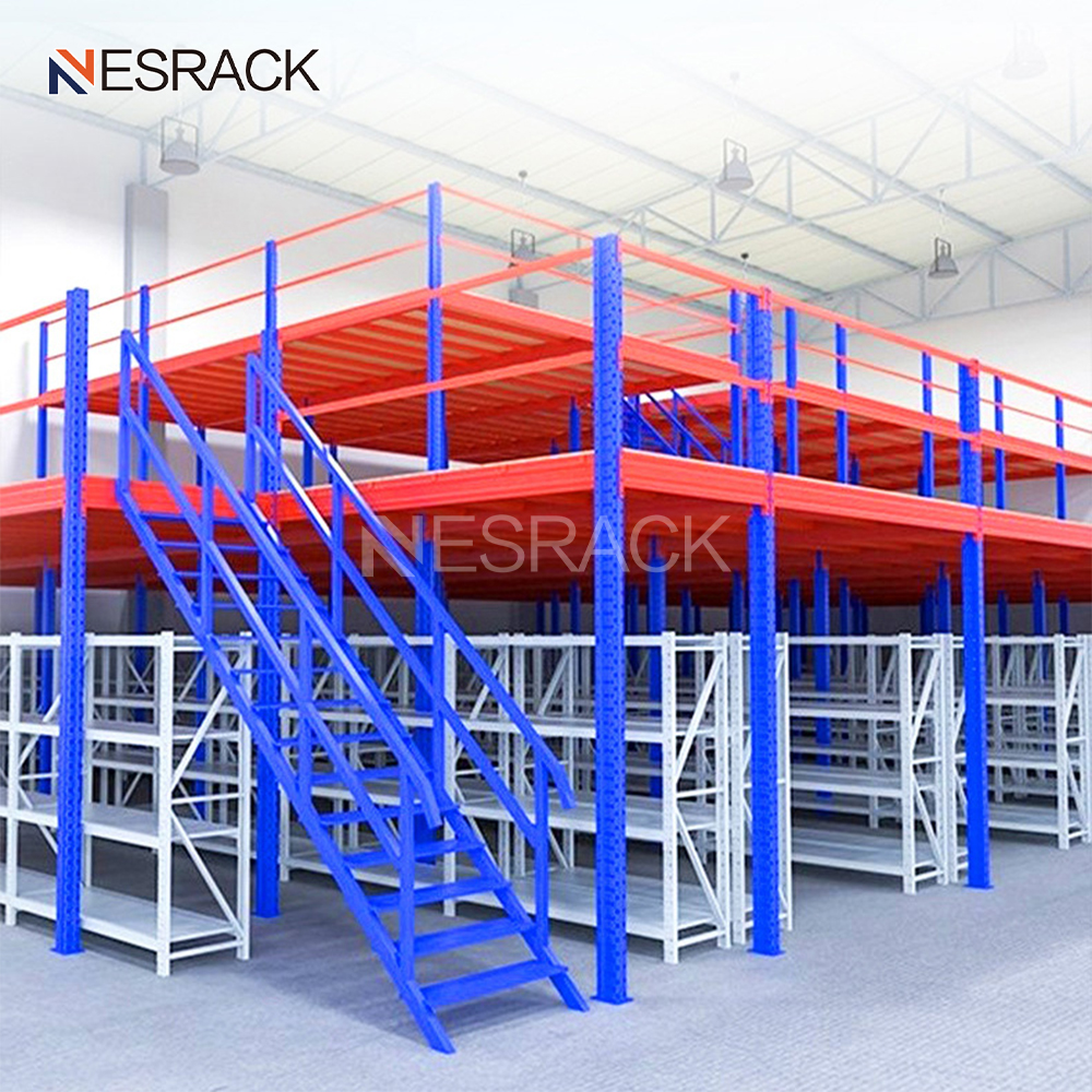 Anti Rust Heavy Duty Iron Mezzanine Floor Rack With Custom Size Auxiliary Storage Shelves For Factory Inventory