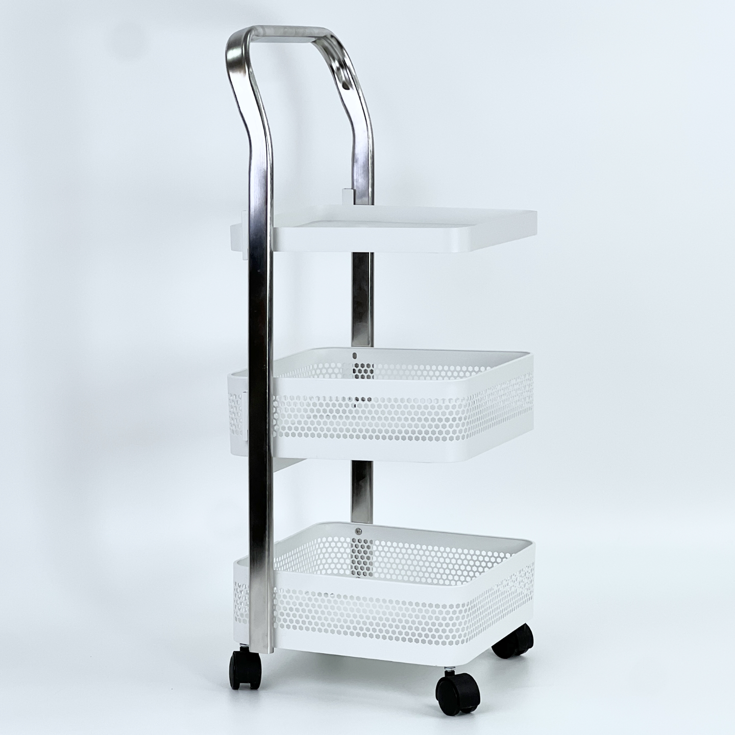 Rolling Three-Tier Stainless Steel Kitchen Storage Rack with Adjustable Height Brake Mobile Floor Cart Standing Type Non-Folding