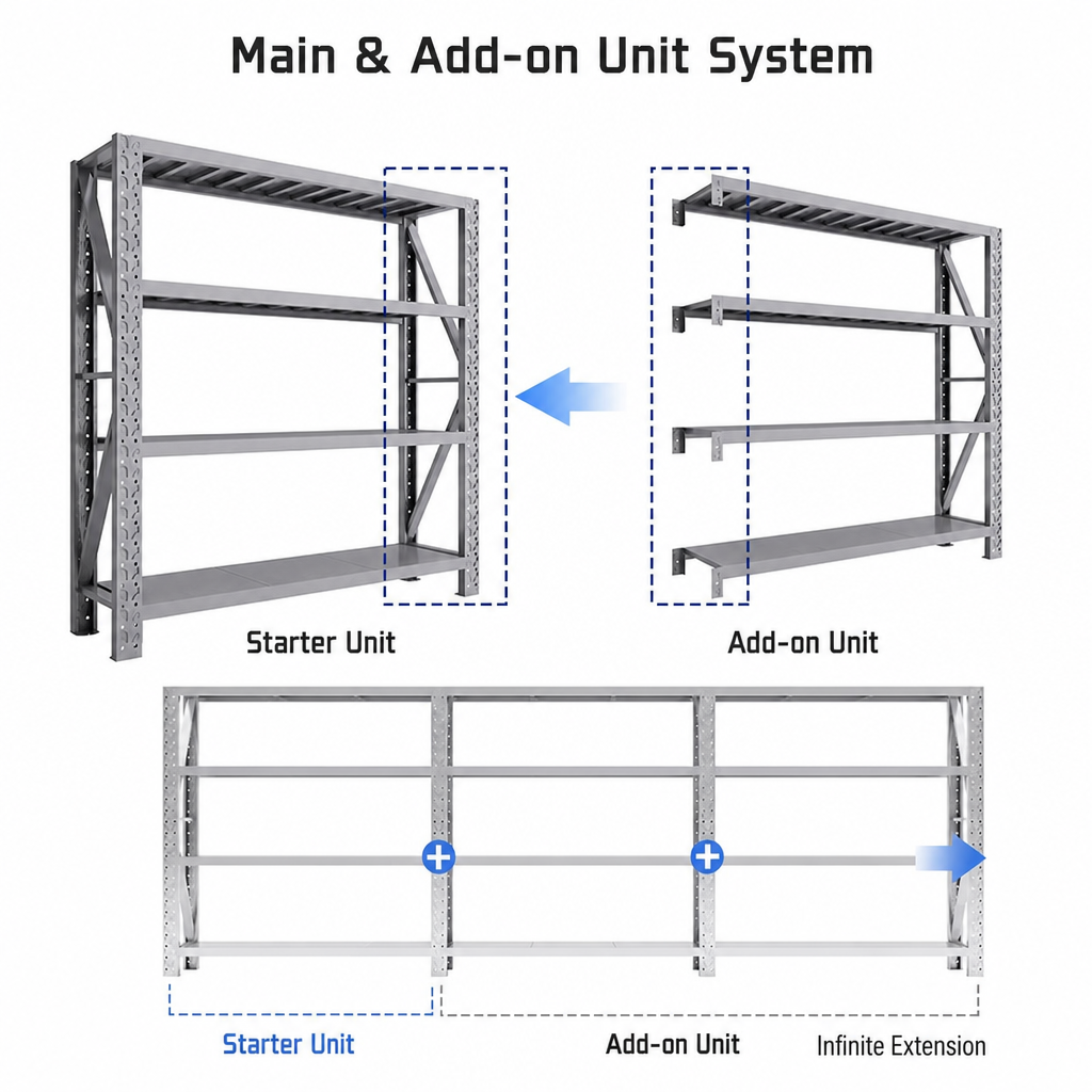 Industrial Medium Duty Longspan Shelving With Starter And Add-on Unit, Adjustable Warehouse Storage Rack For Logistics