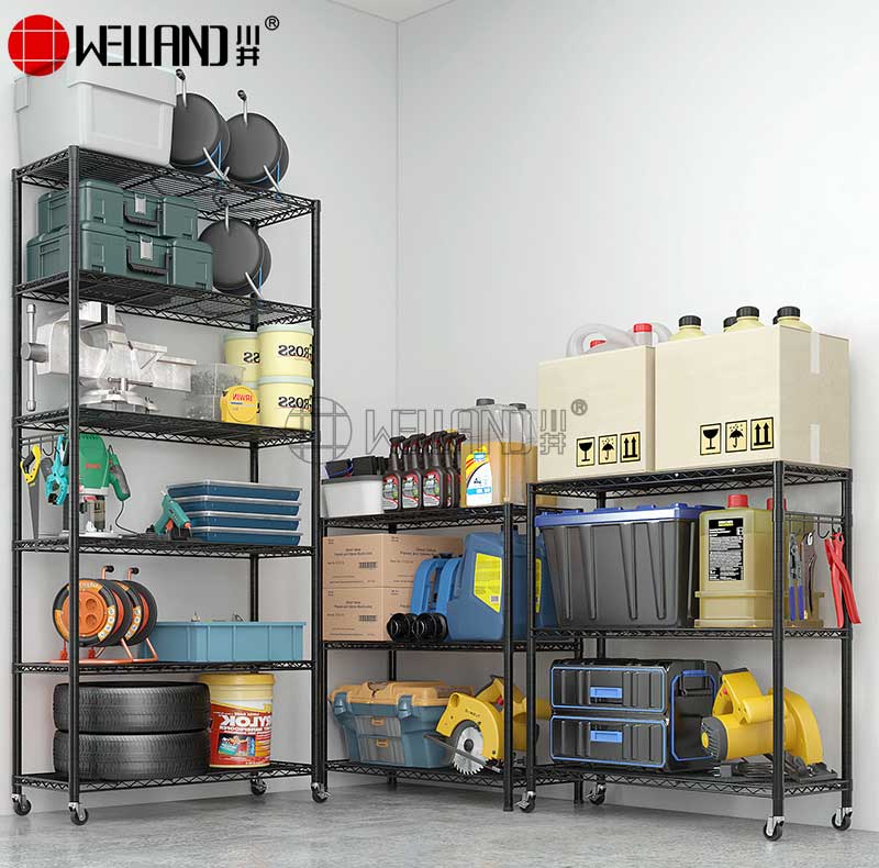 Versatile Storage 6 Tier Rolling Heavy Duty Black Powder Coated Carbon Steel Wire Shelving with 3" Wheels