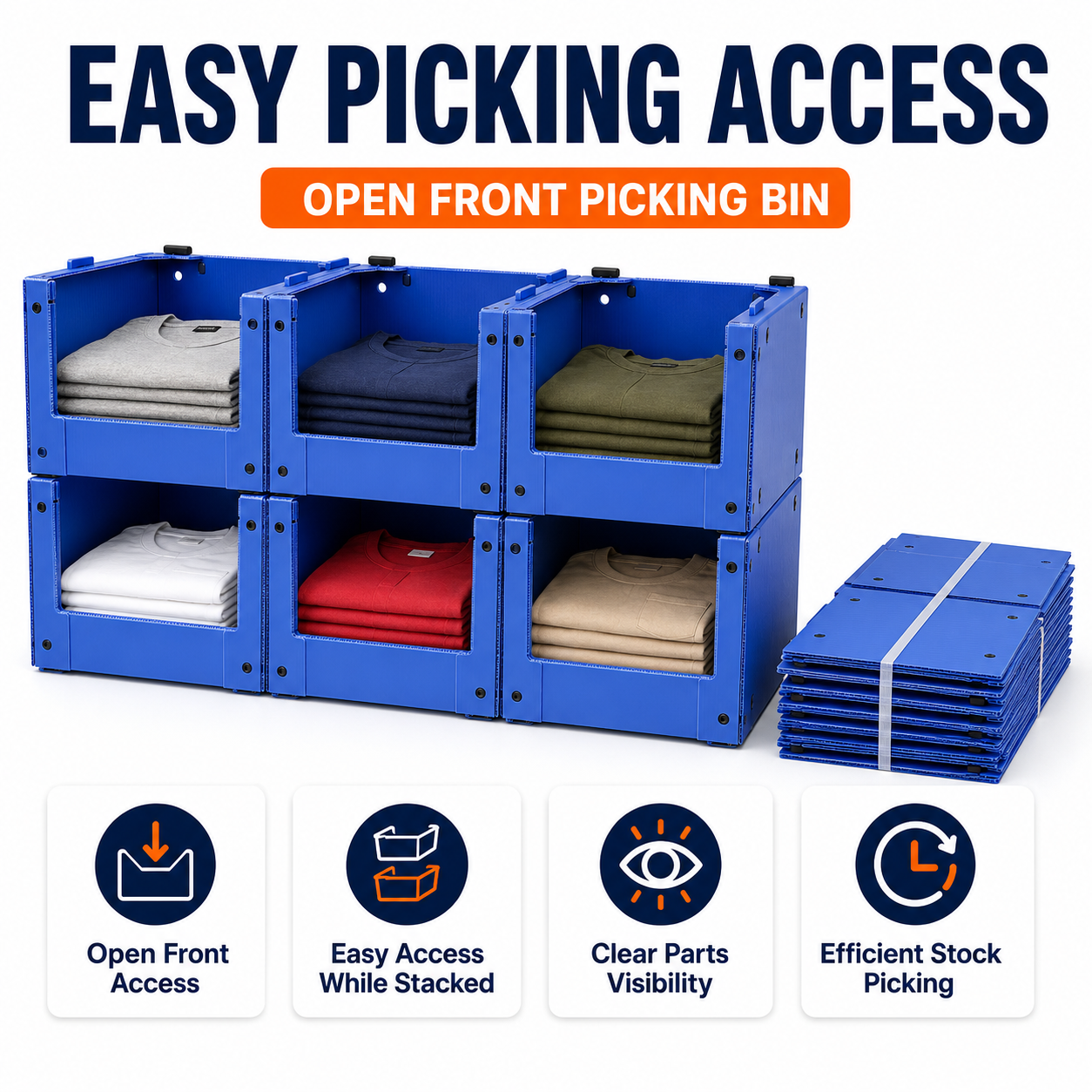 Corrugated Plastic Stackable Storage Boxes For Warehouse Clothing Picking And Organization Bins