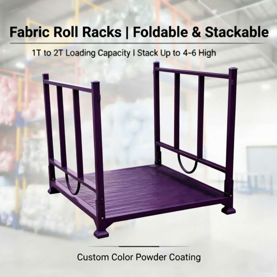 Mobile Fabric Roll Storage Rack Heavy Duty Foldable Stackable Powder Coated Steel Rack For Warehouse Logistics